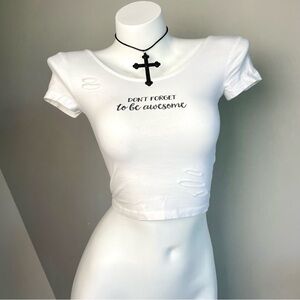 White Distressed Graphic Crop Top